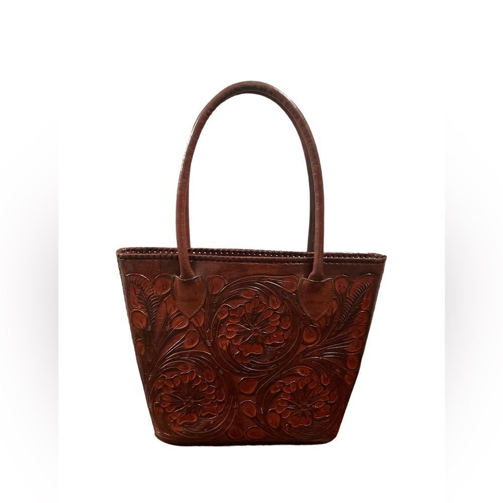 Women's Brown stunning tooled leather tote with beautiful Flowers woven handles